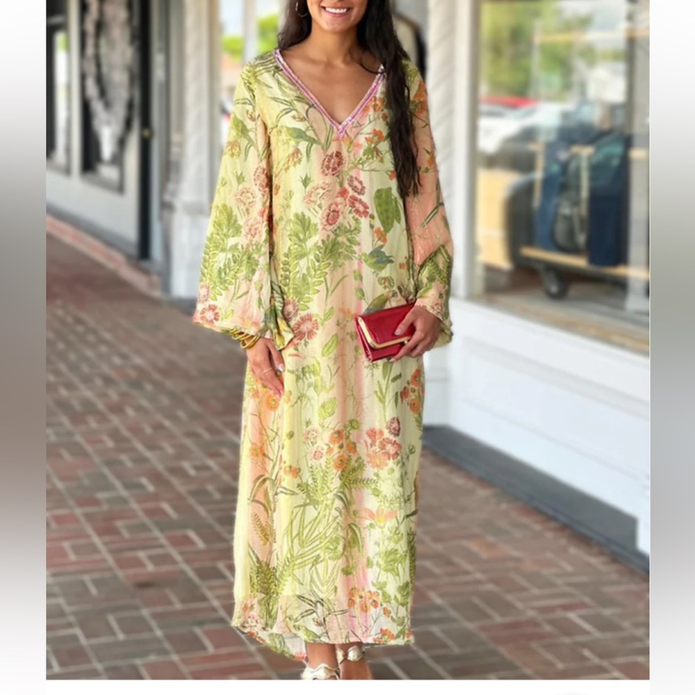 JUST BELLINA Julee Chinoiserie Bird Metallic  KAFTAN DRESS Sunkist New